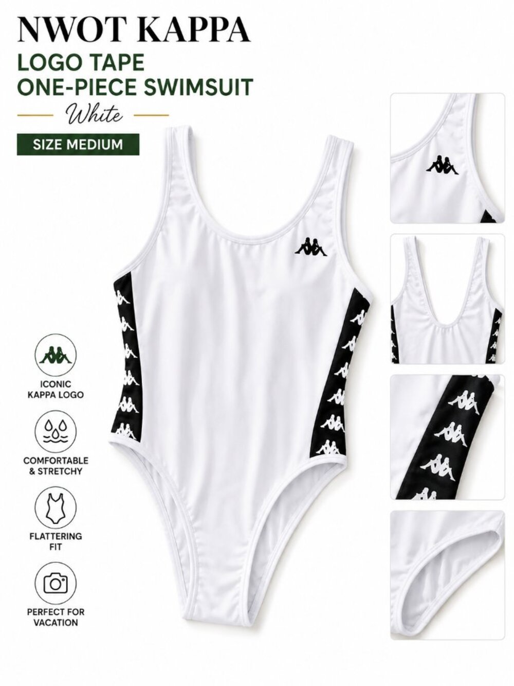NWOT Kappa Logo Tape One Piece Swimsuit White Women's Size M